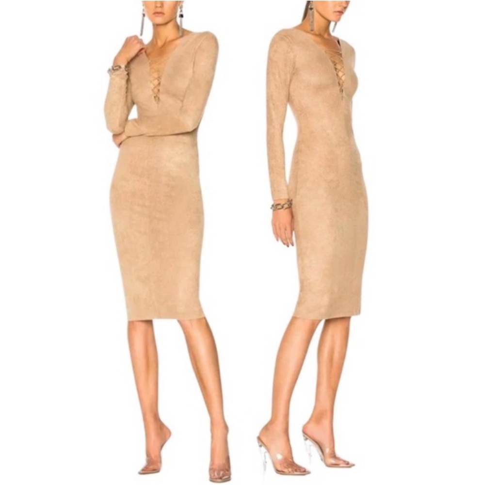 T by Alexander Wang Women's Stretch. Faux Suede Lace Up Midi Dress - Camel